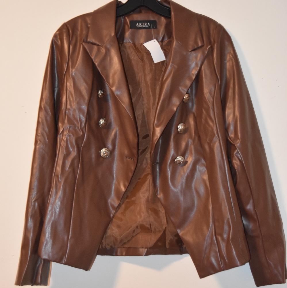 AKIRA SILVER METALLIC BUTTON FAUX LEATHER BROWN BLAZER NWT - Picture 8 of 16